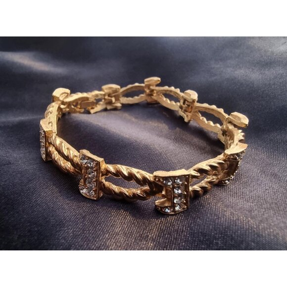 Rare Find 1960s CROWN TRIFARI Gold Toned Clear Crystals Bracelet - Picture 2 of 6